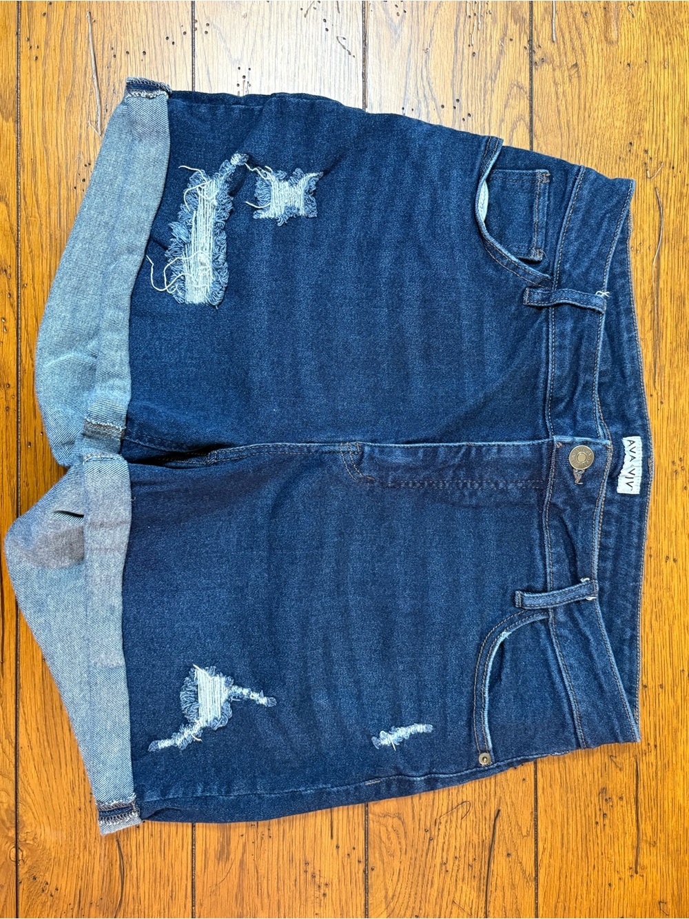 Ava & Viv Dark Blue Distressed Denim Roll-Cuff Shorts